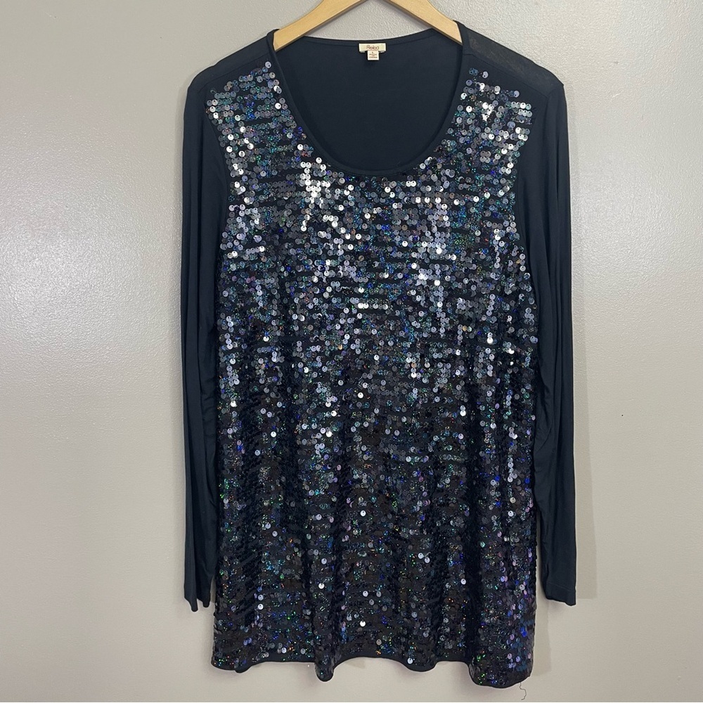 Reba women’s size Large Black Sequined Shirt top blue shimmer formal whimsigoth
